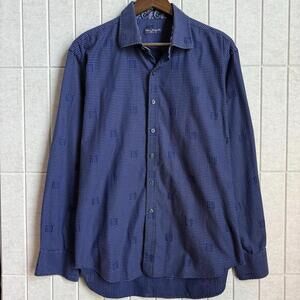 Marco Brunelli Blue 100% Cotton Geometric Pattern Button Up Shirt Mens Large‎ L